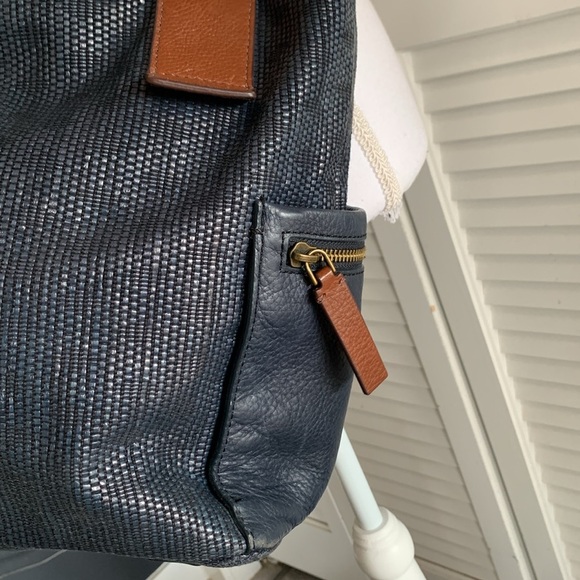 Fossil Emerson Satchel Purse Navy Blue Straw Leather Trim & Straps Crossbody Bag - Picture 5 of 14